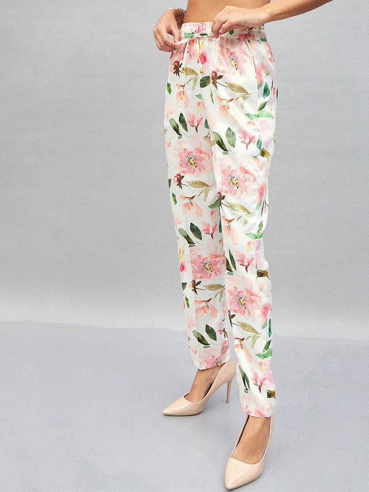 SASSAFRAS White Women Floral Printed Straight Fit Trousers