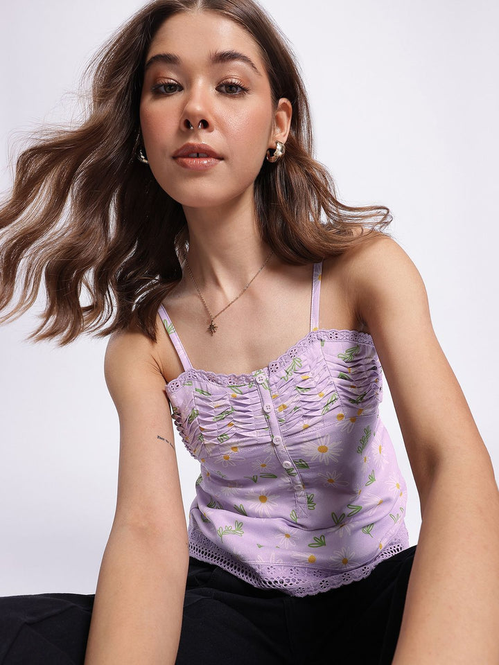 DressBerry Lavender Love Daisy Dreams Lace Inserts Pleated Printed Top