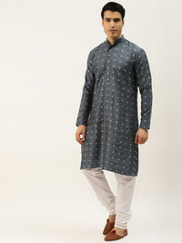 SOJANYA Men Charcoal Ethnic Motifs Kurta with Churidar & Nehru Jacket