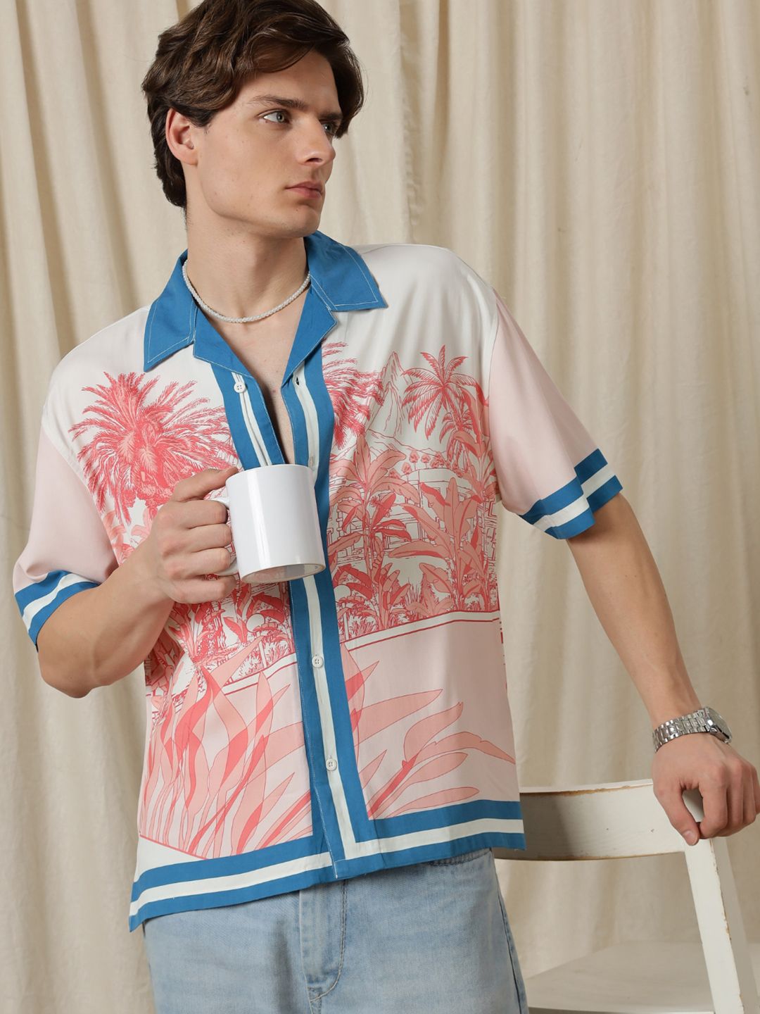 Eszett Abstract Forest Conversational Cotton Short Sleeves Shirt