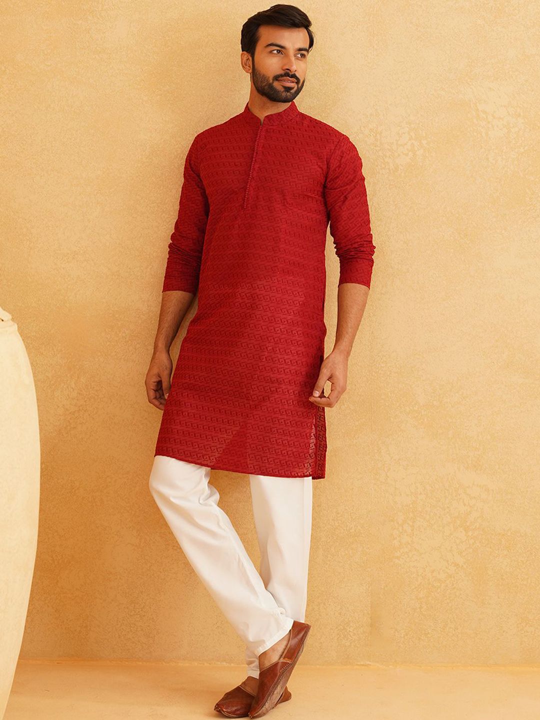 SOJANYA Geometric Embroidered Regular Pure Cotton Straight Kurta With Churidar