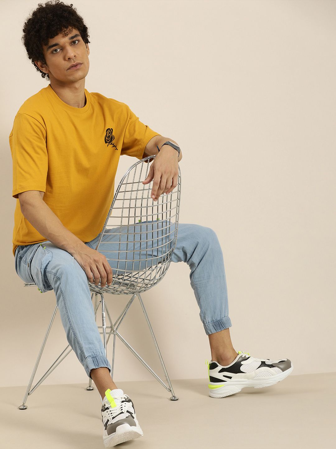 DILLINGER Men Mustard Yellow & Black Printed Pure Cotton Oversized T-shirt
