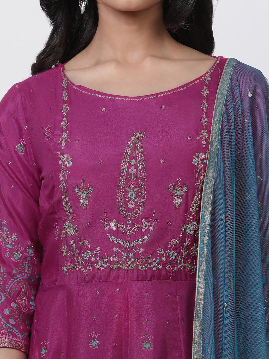 W Ethnic Motifs Printed Round Neck Maxi Ethnic Dress With Dupatta