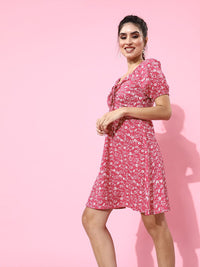 Berrylush Women Pretty Pink Floral Puff Sleeves Dress