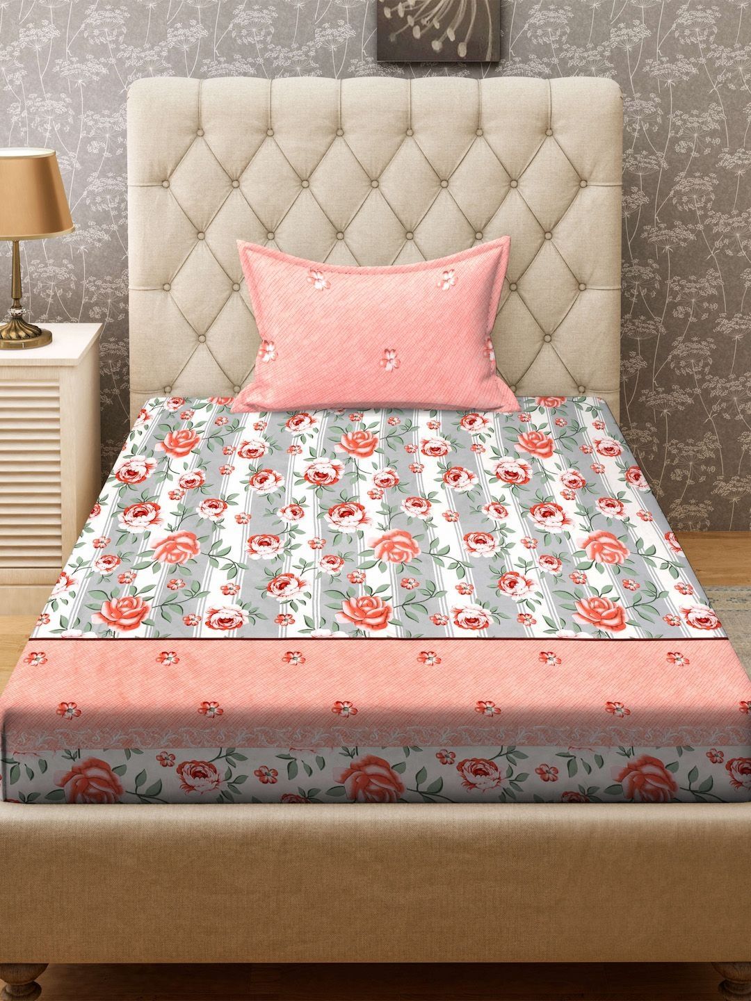 KLOTTHE Pink & Grey Printed 300TC Single Bedsheet & Pillow Cover