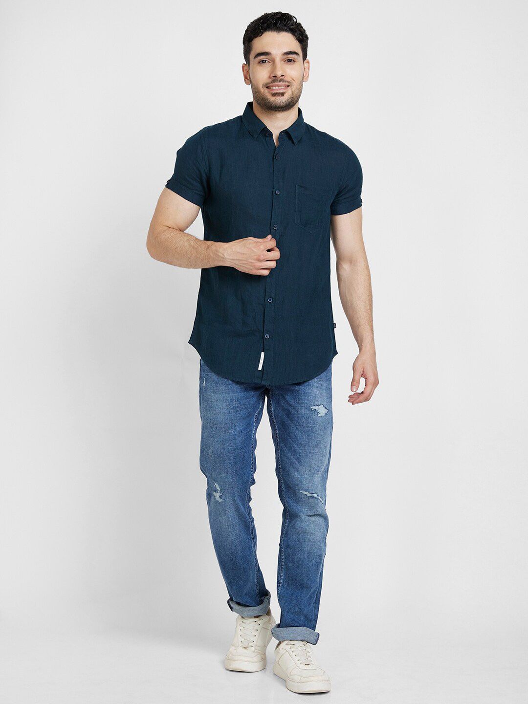 SPYKAR Short Sleeves Slim Fit Classic Casual Linen Shirt