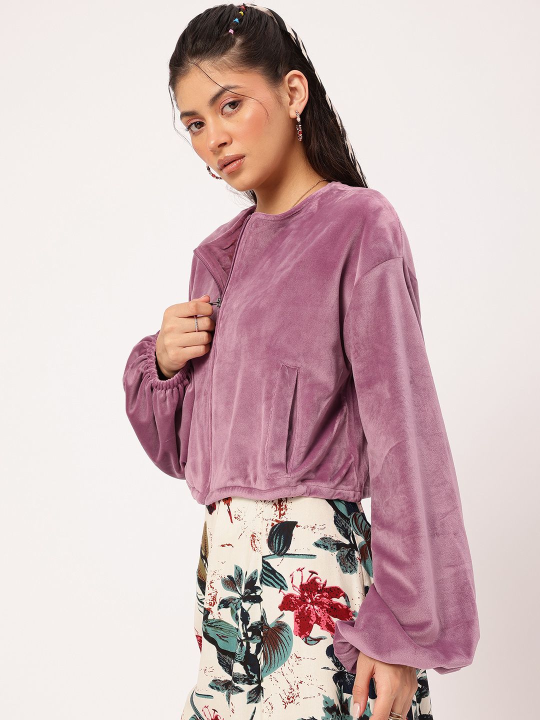 DressBerry Free-Spirit Fit Velour Finish Dramatic Puff Sleeves Crop Jacket