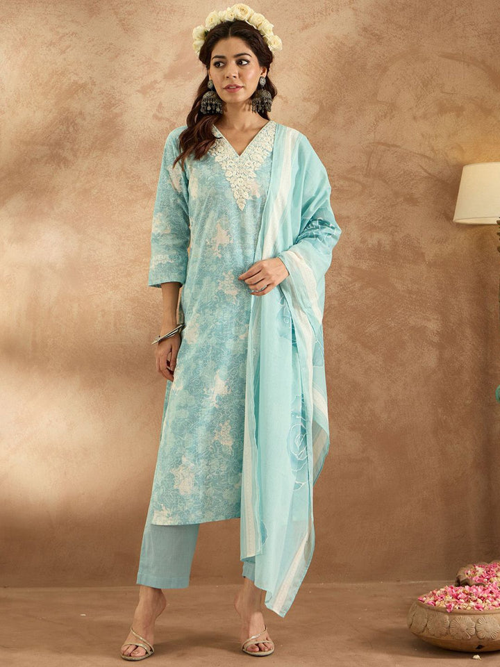 Indo Era Women Floral Embroidered Pure Cotton Kurta with Trousers & Dupatta