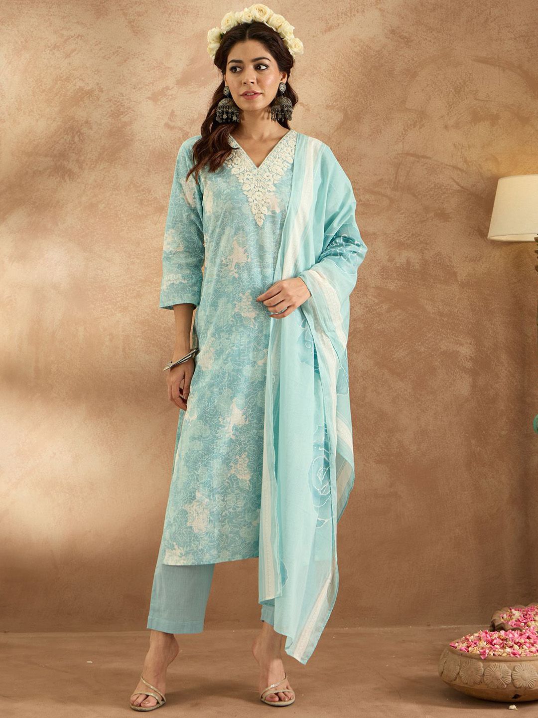 Indo Era Women Floral Embroidered Pure Cotton Kurta with Trousers & Dupatta