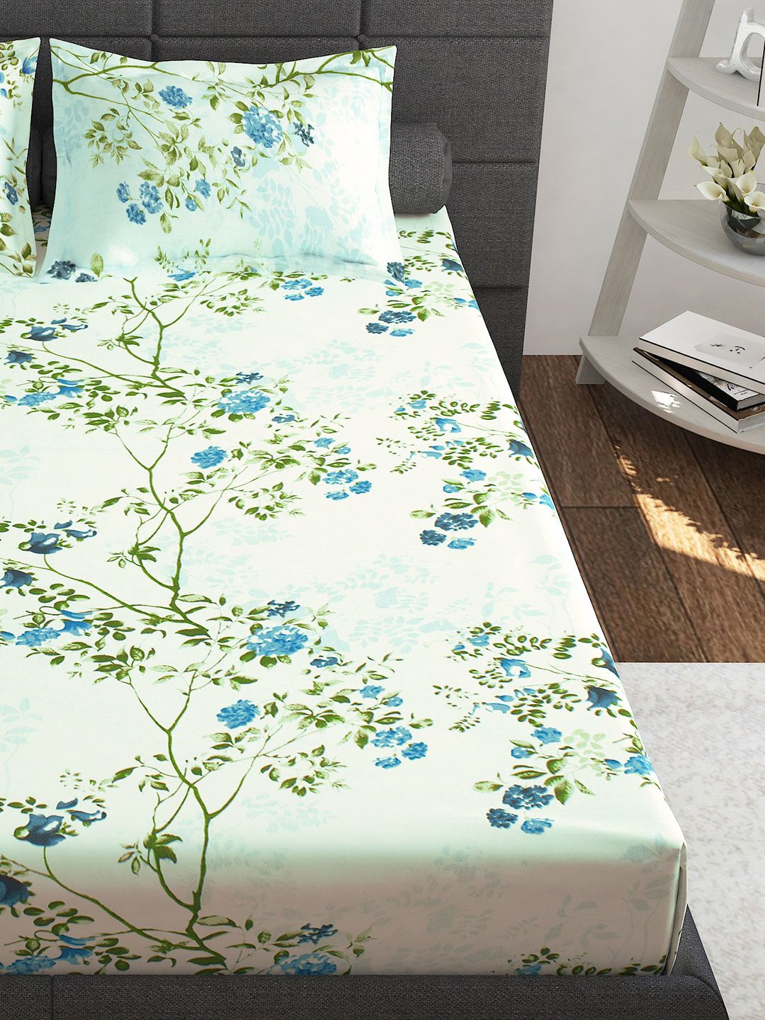 Story@home Ventura Blue Green Floral Printed 144 TC Queen Bedsheet With 2 Pillow Covers
