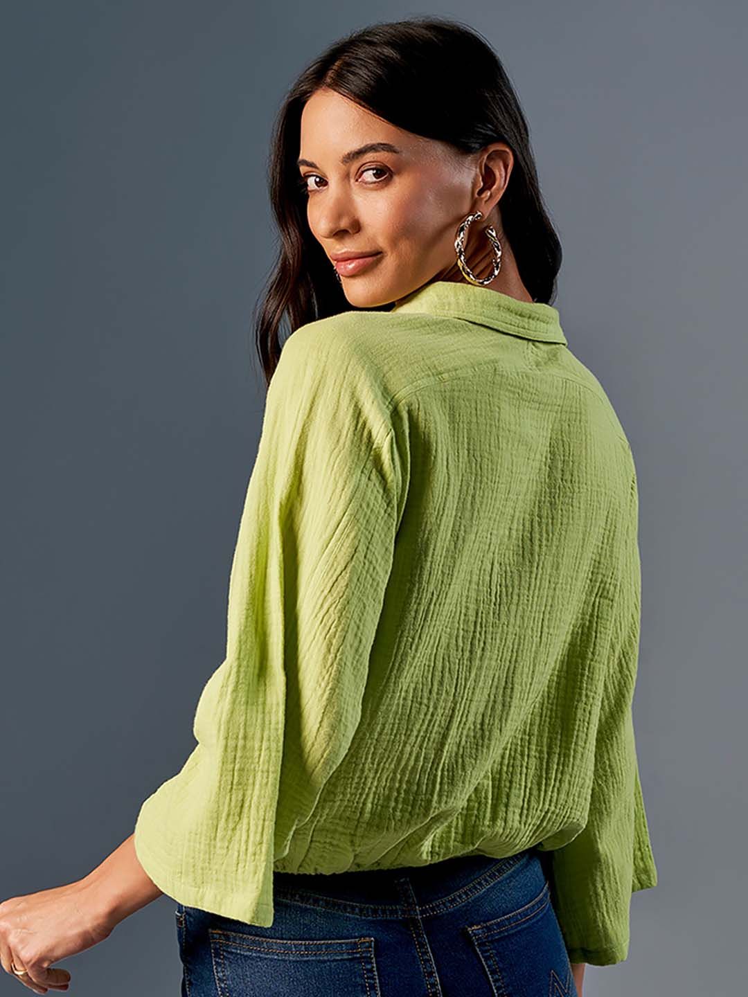 AND Self Design Flared Sleeve Pure Cotton Shirt Style Top