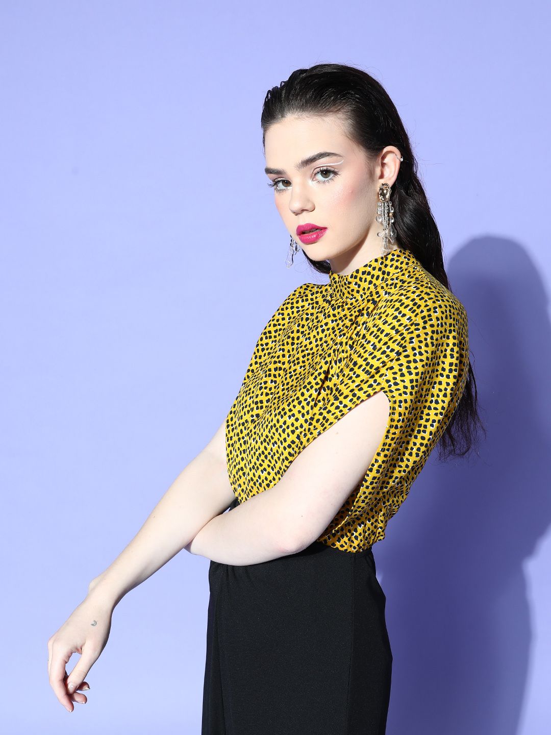 Berrylush Yellow & Black Animal Print Extended Sleeves Top