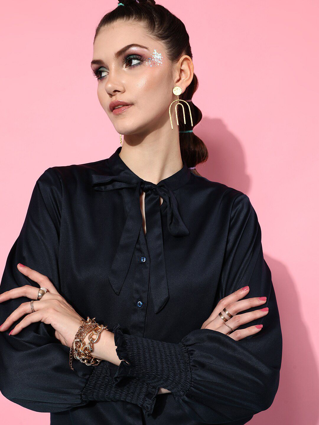 STREET 9 Women Navy Blue Tie-Up Neck Casual Shirt