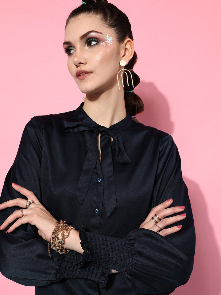 STREET 9 Women Navy Blue Tie-Up Neck Casual Shirt
