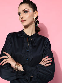 STREET 9 Women Navy Blue Tie-Up Neck Casual Shirt