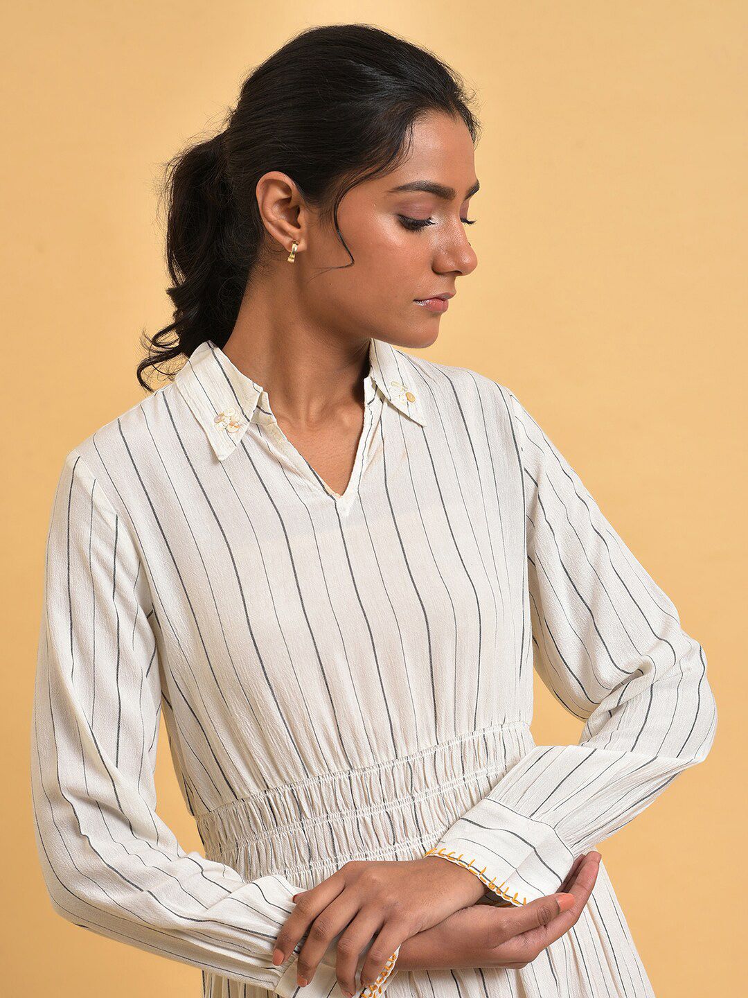 W Shirt Collar Striped Shirt Dress