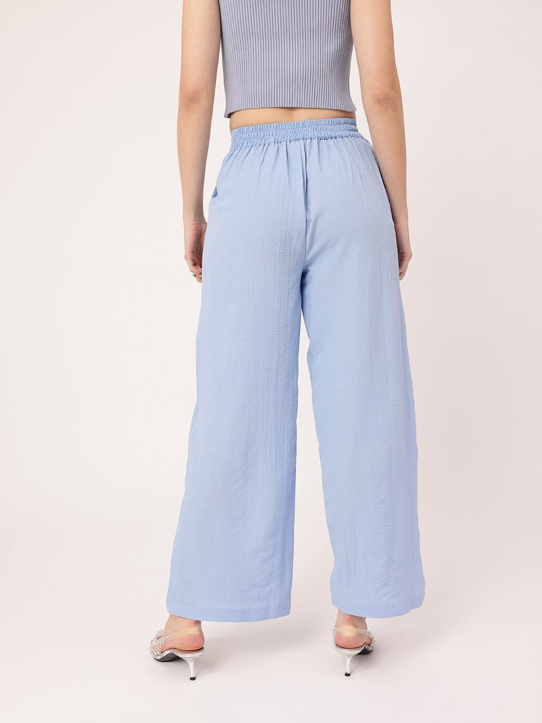 DressBerry Women Street Savvy Seersucker Textured Pleated High-Rise Parallel Trousers