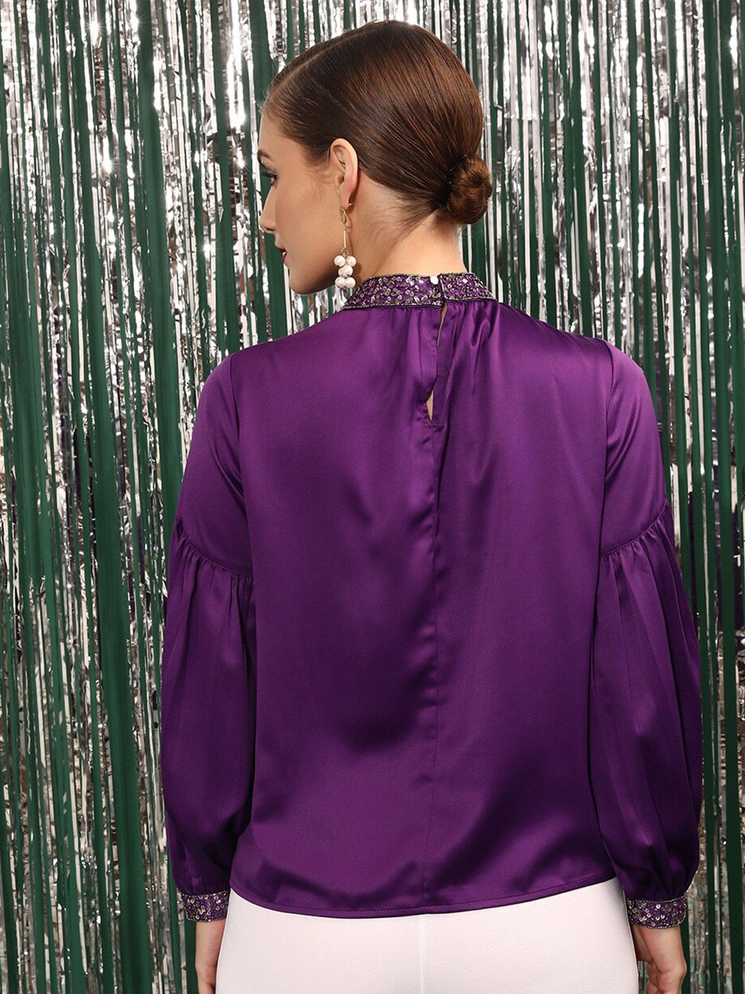 STREET 9 High Neck Sequined Gathered Puff Sleeves Top