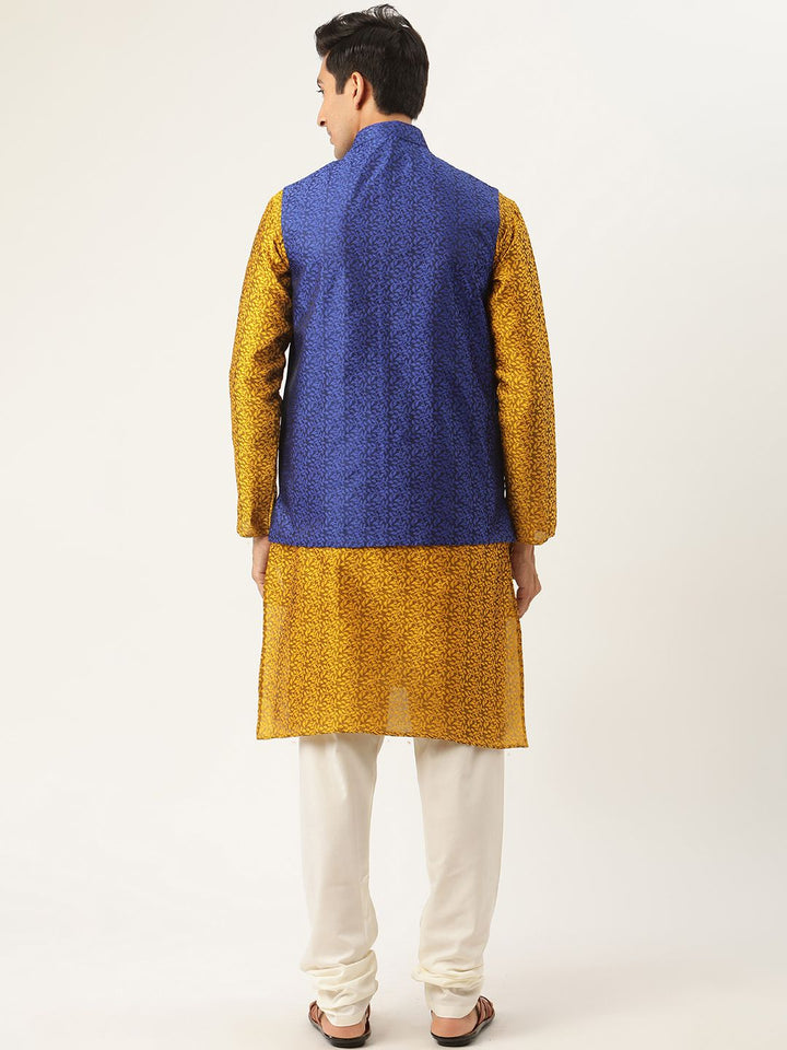 SOJANYA Men Mustard Yellow Jacquard Silk Kurta with Churidar & Nehru Jacket