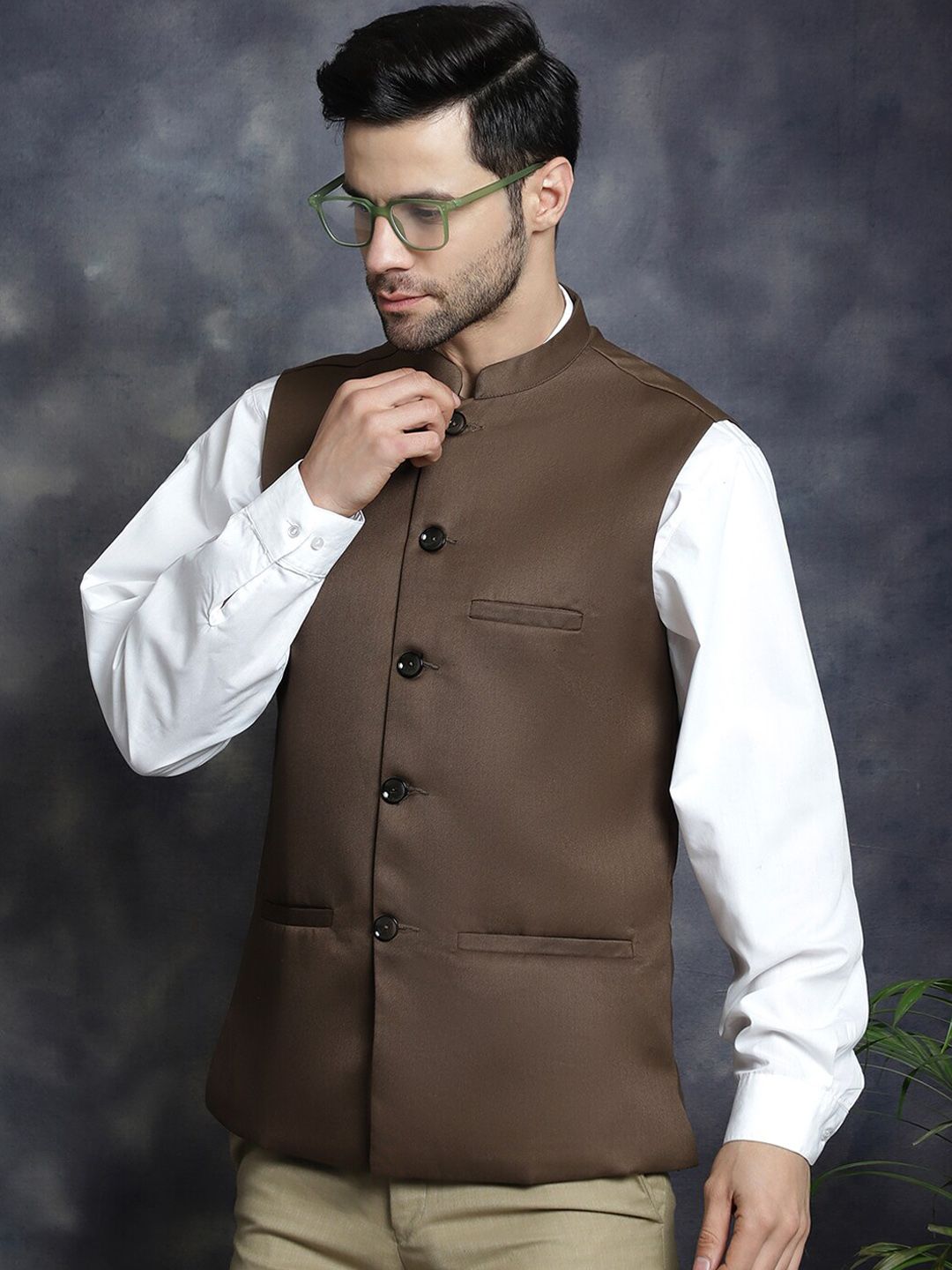 Anouk Brown Mandarin Collar Woven Nehru Jacket