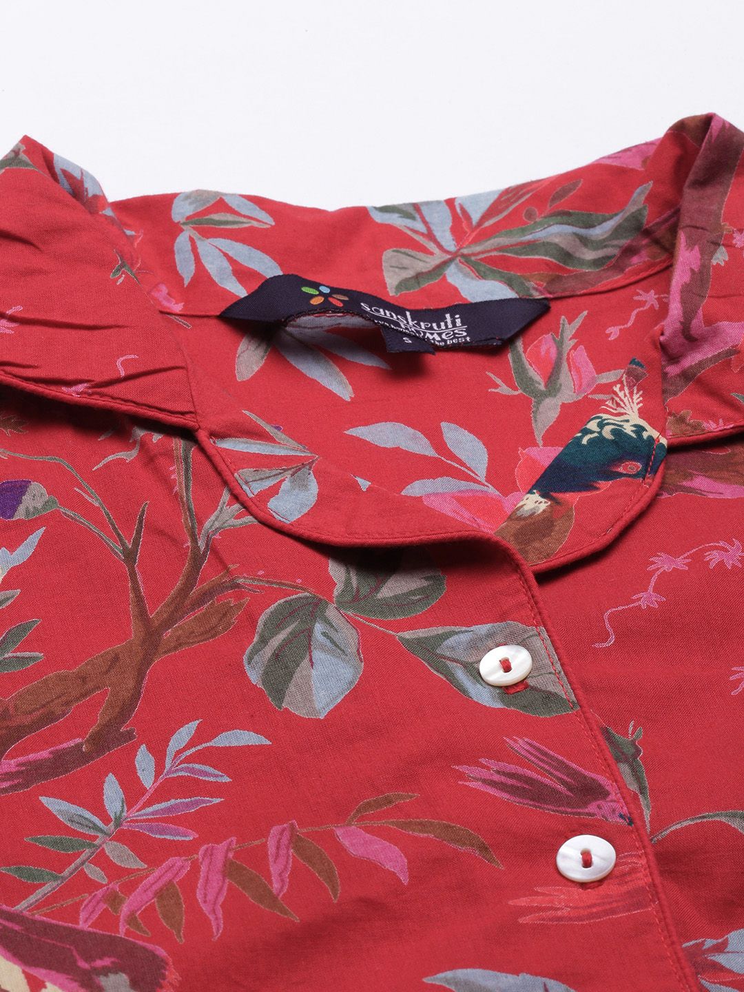Sanskrutihomes Wanita Red & Grey Printed Pure Cotton Night Suit