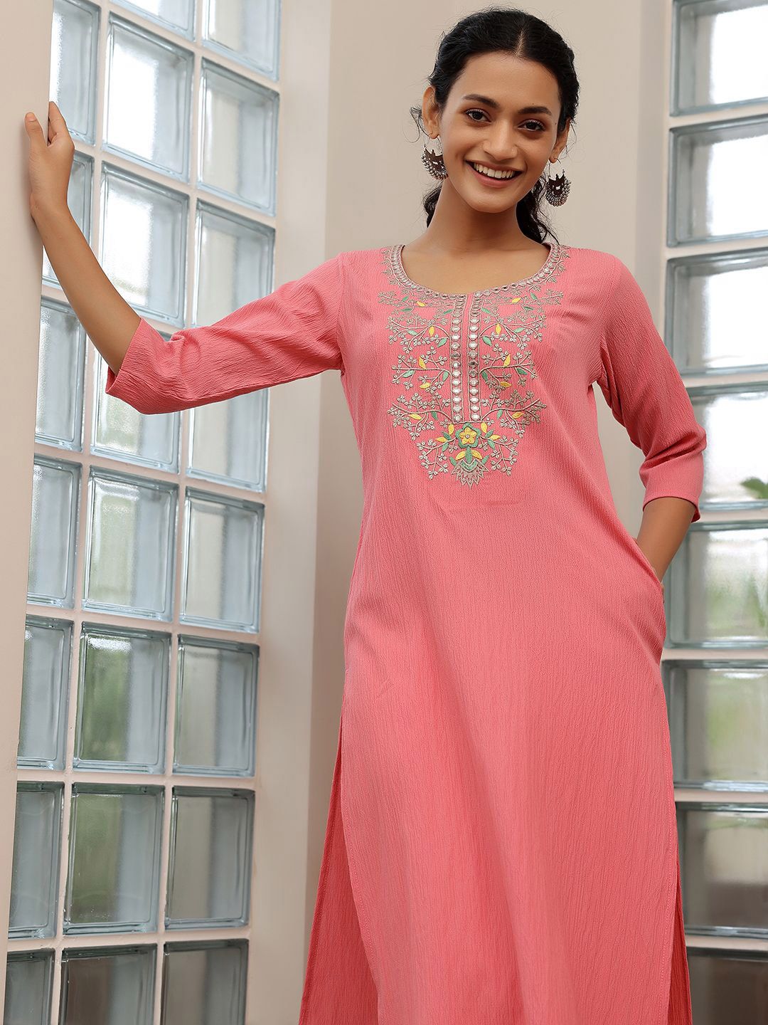 Libas Women Floral Yoke Design Sequinned Floral Kurta