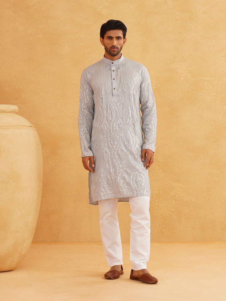 SOJANYA Embroidered Mandarin Collar Sequinned Pure Cotton Kurta