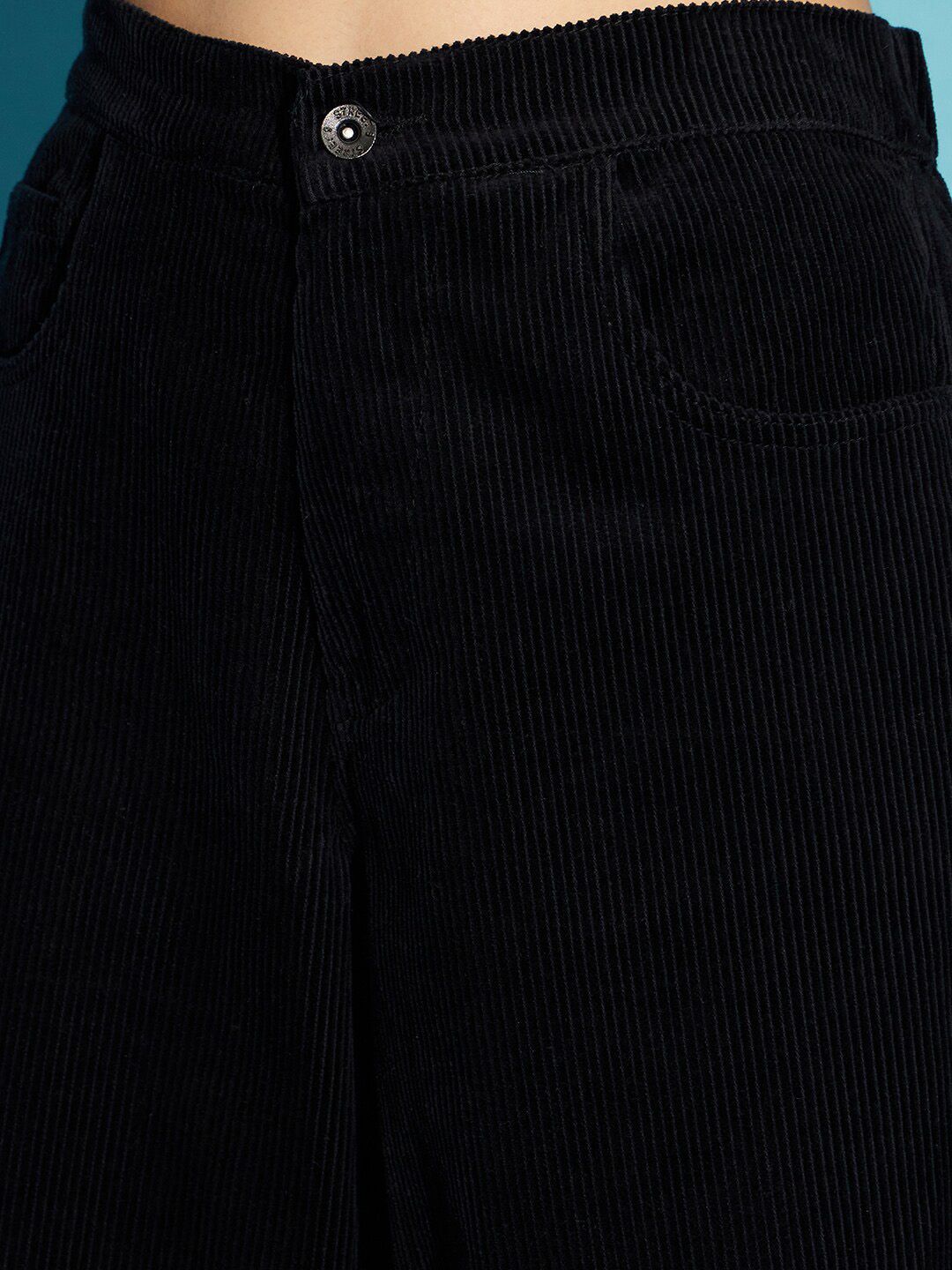 STREET 9 Women Black Flared High-Rise Corduroy Parallel Trousers