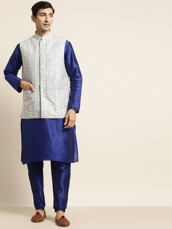 SOJANYA Men Navy Blue Kurta with Churidar & Nehru Jacket