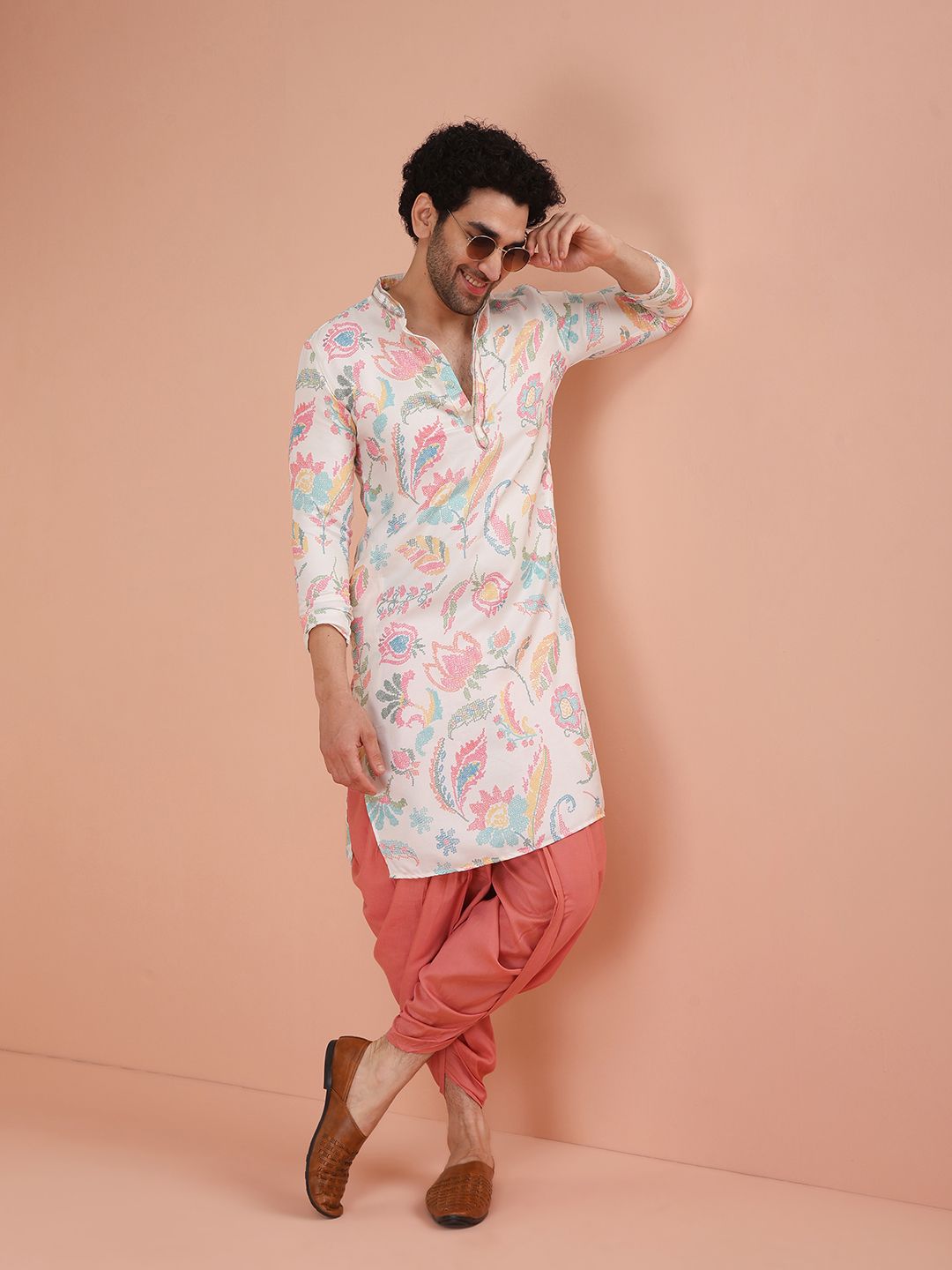 KISAH Floral Printed Mandarin Collar Kurta With Dhoti Pants