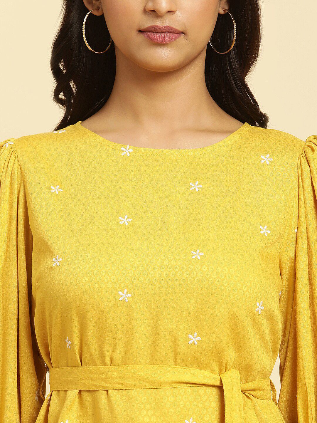 W Floral Embroidered Cinched Waist Top