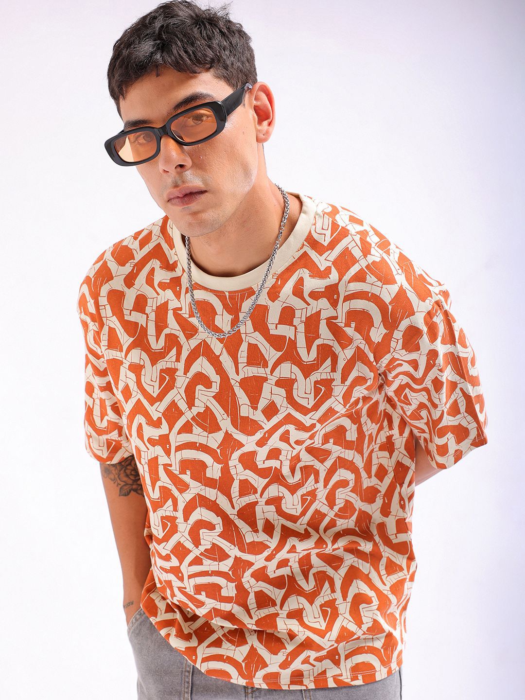The Indian Garage Co Men All Over Printed Boxy Oversized Round Neck T-shirt