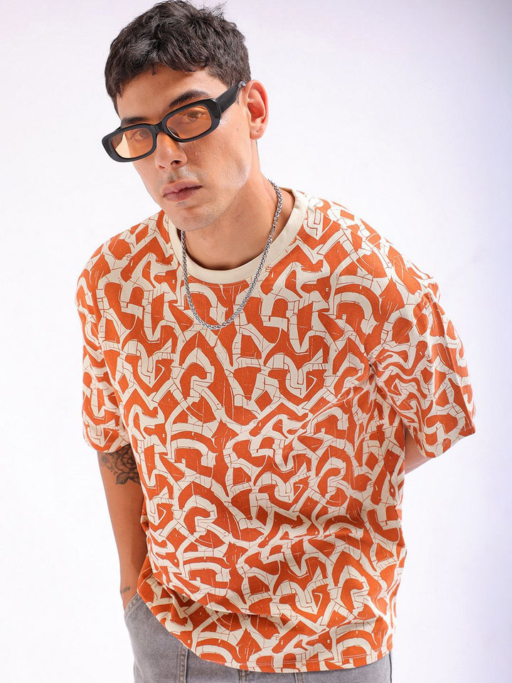 The Indian Garage Co Men All Over Printed Boxy Oversized Round Neck T-shirt