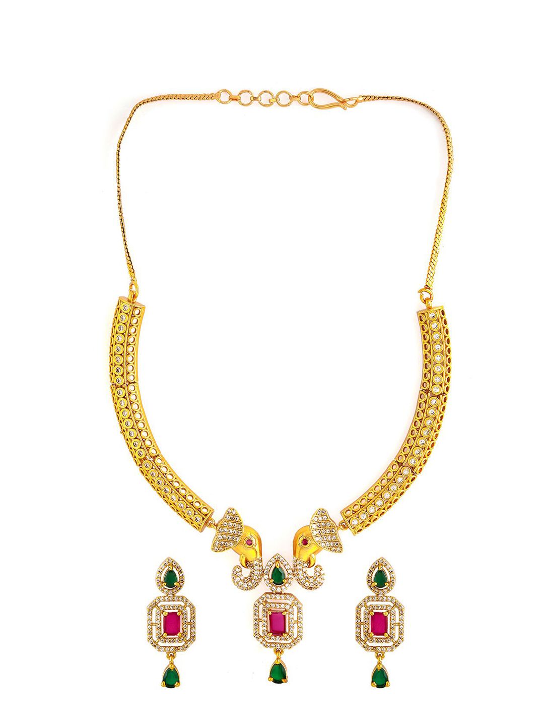Rubans 22K Gold-Plated Ruby & Emerald CZ Stone Studded Elephant Motif Necklace Set