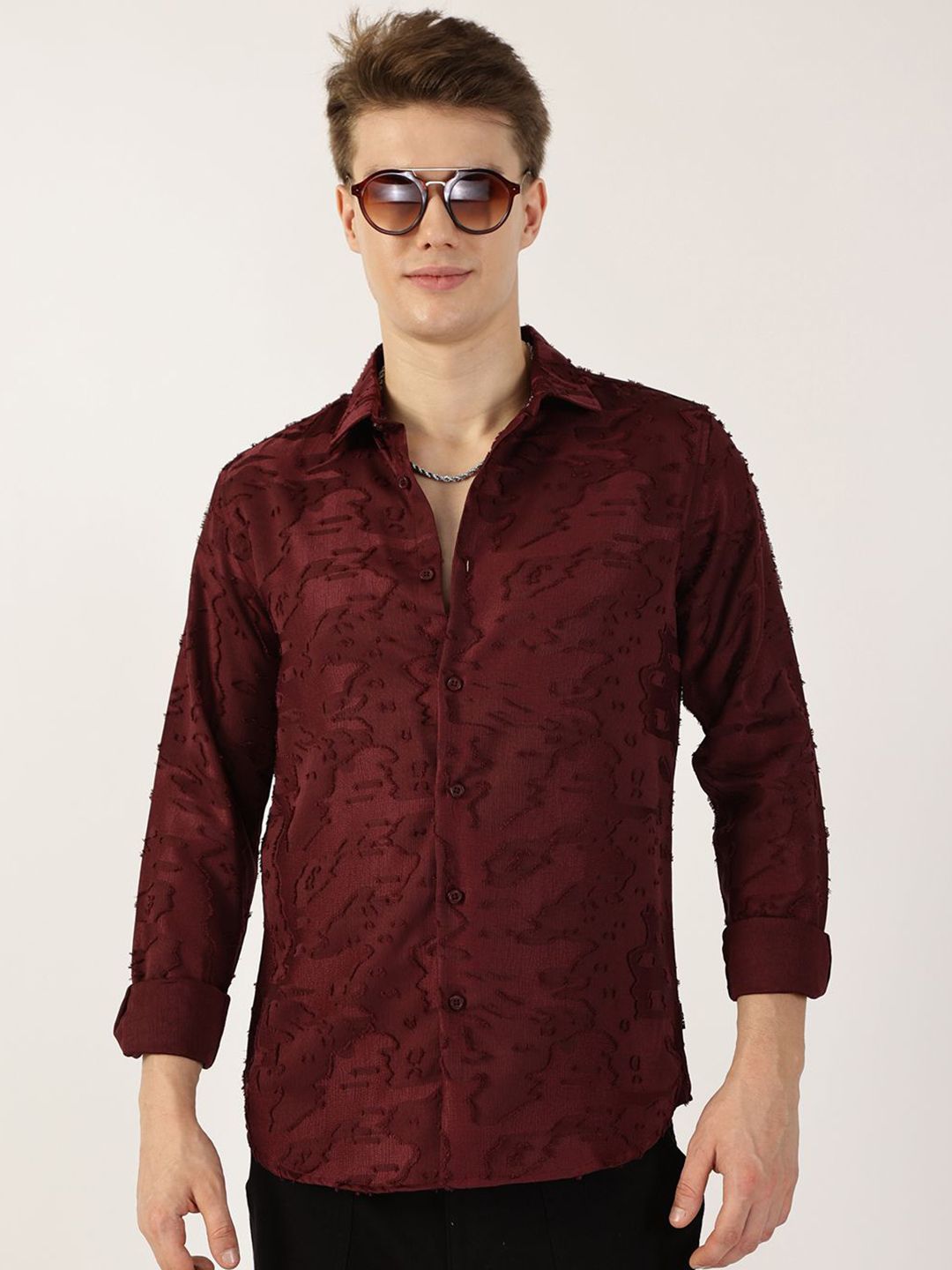 Thomas Scott Men Spread Collar Textured Premium Slim Fit Casual Shirt