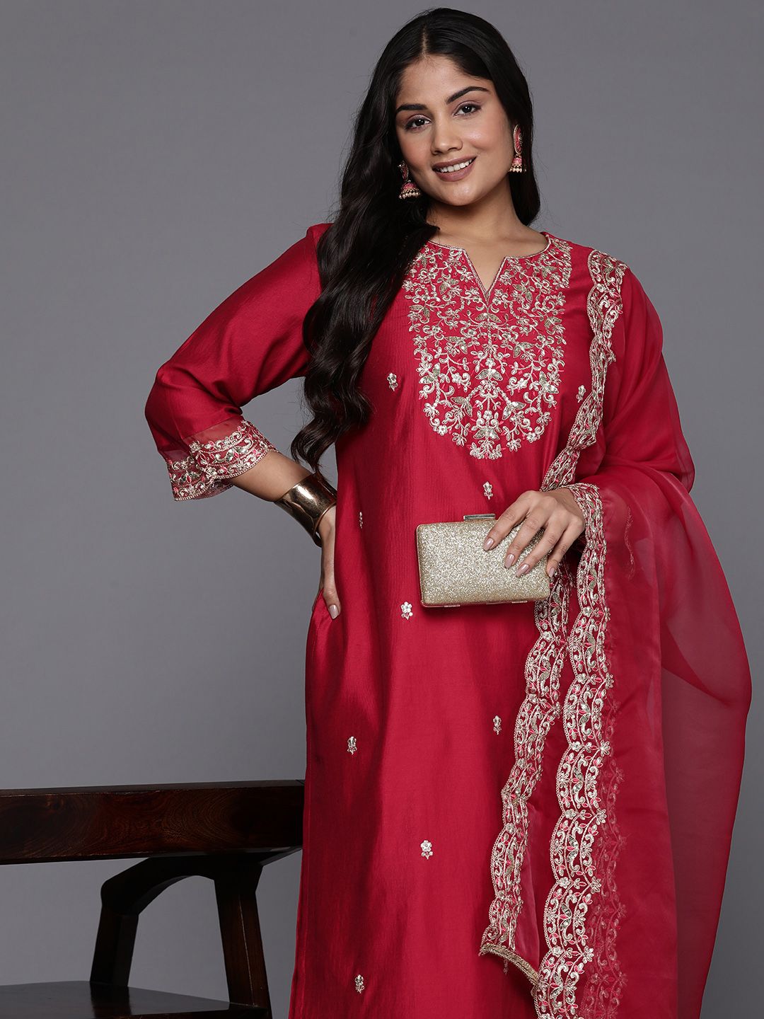 Indo Era Plus Size Ethnic Motifs Embroidered Sequinned Liva Kurta with Trousers & Dupatta