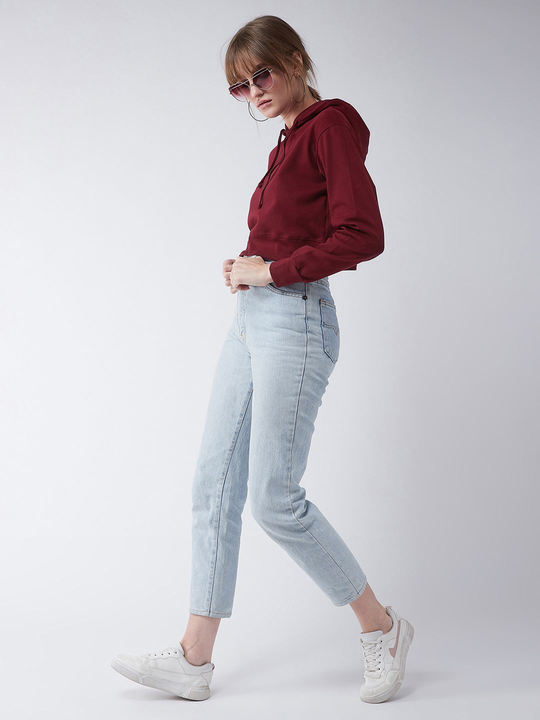 Miss Chase Women Maroon Solid Hooded Cropped Boxy Sweatshirt