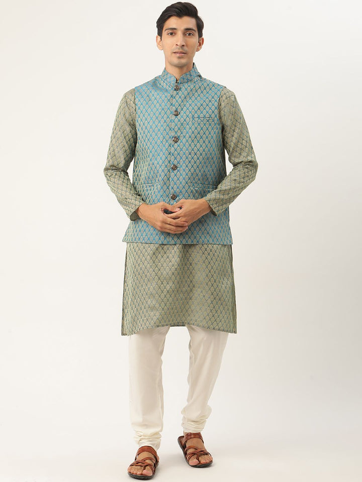 SOJANYA Men Green & Teal Blue Ethnic Motifs Kurta with Churidar & Nehru Jacket