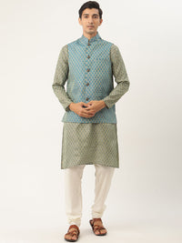 SOJANYA Men Green & Teal Blue Ethnic Motifs Kurta with Churidar & Nehru Jacket
