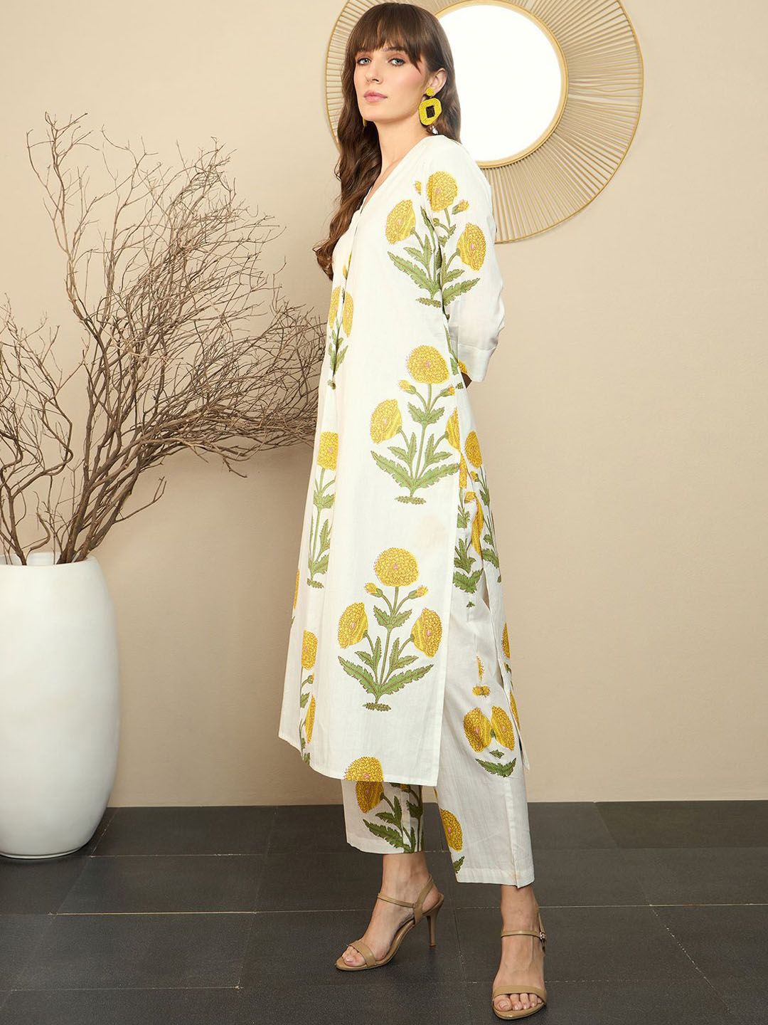 Indo Era Floral Printed Pure Cotton Straight Kurta With Trousers