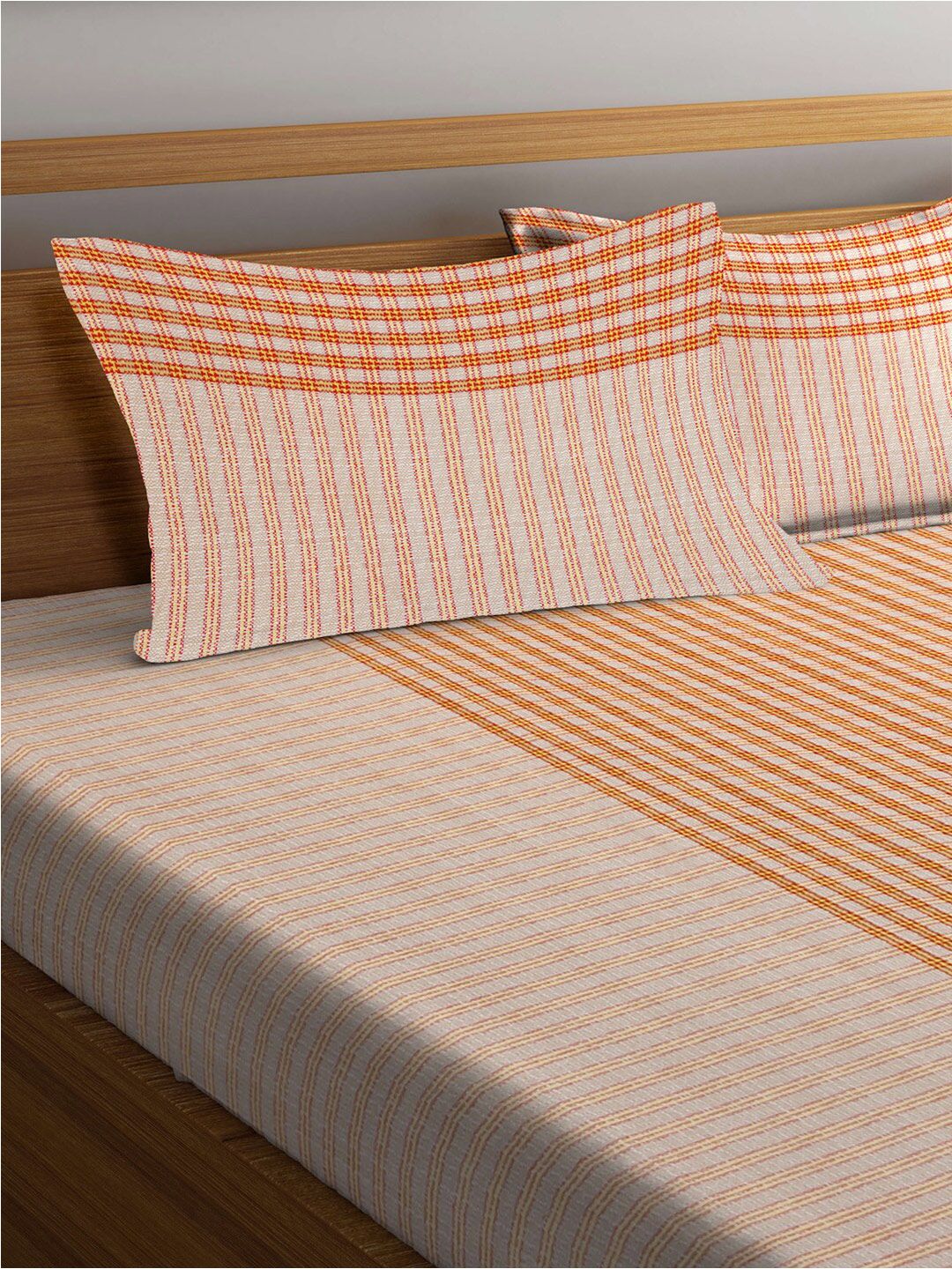 KLOTTHE Beige & Orange Striped 400 TC Pure Cotton King Bedsheet with 2 Pillow Covers