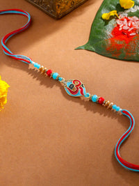 NVR Unisex Red & Blue Artificial Stones and Beads Om Thread Rakhi With Roli Chawal