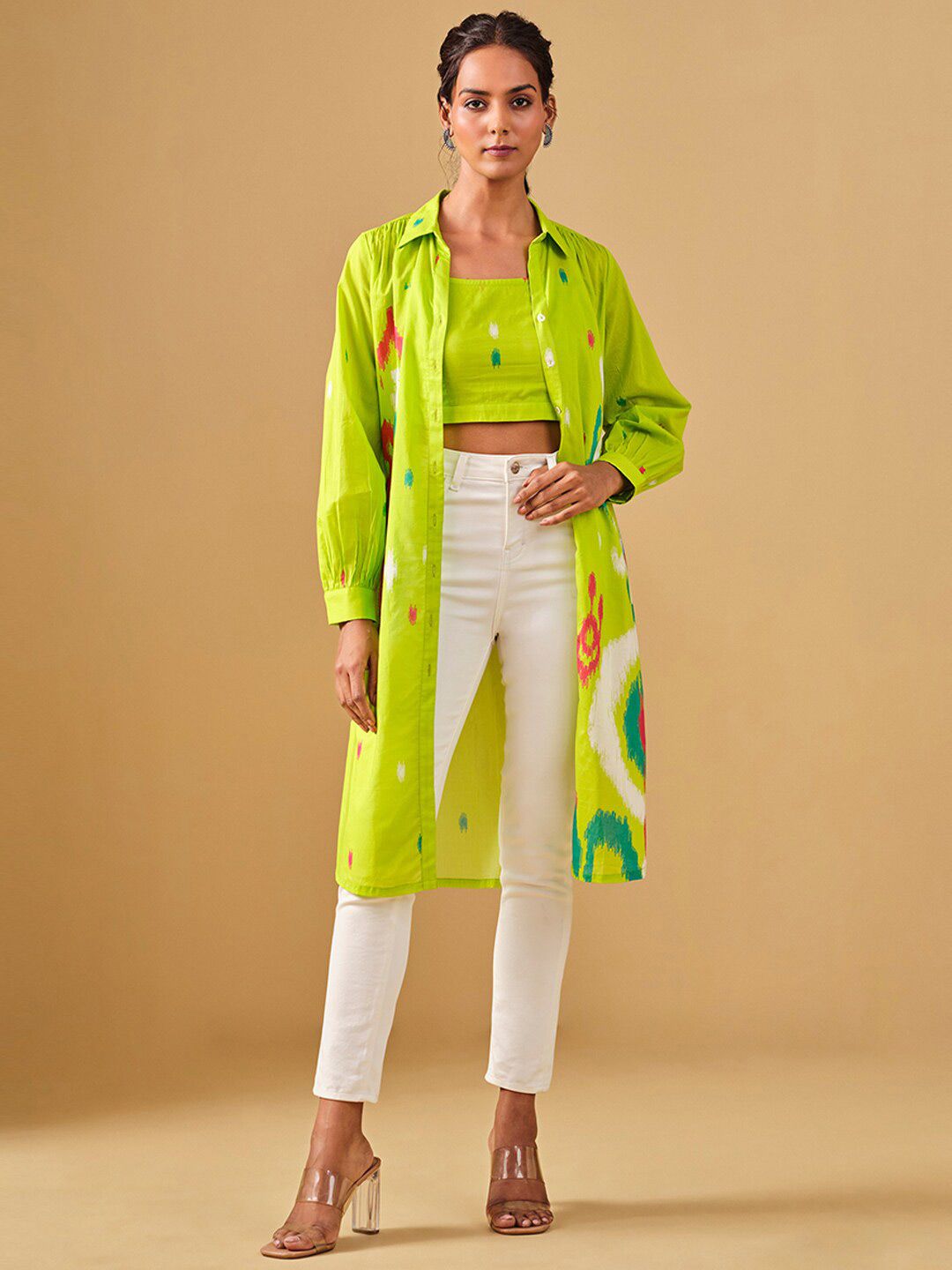 Global Desi Abstract Printed Pure Cotton Crop Top With Jacket