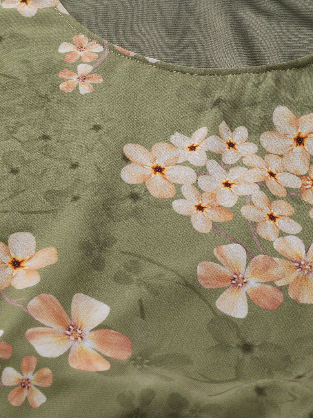 SASSAFRAS Olive Green & Beige Floral Georgette Blouson Top