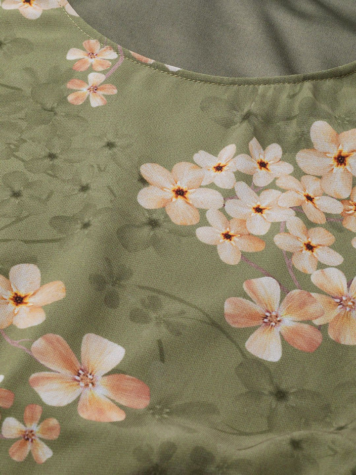 SASSAFRAS Olive Green & Beige Floral Georgette Blouson Top