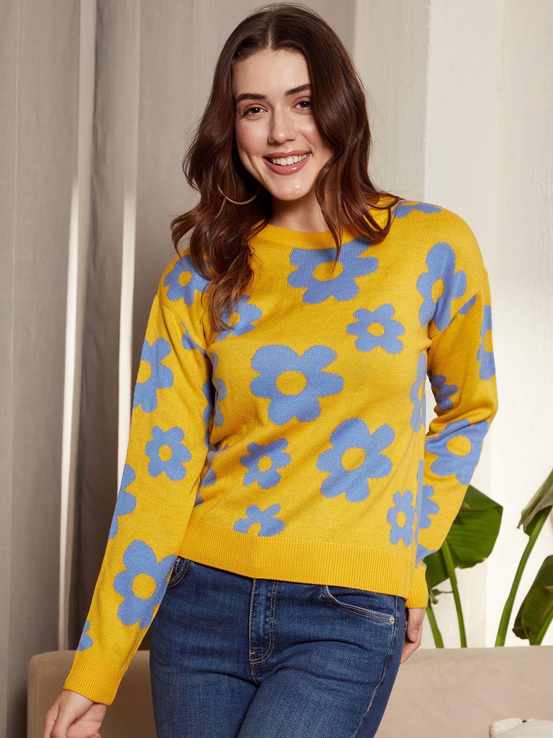 Berrylush Floral Printed Acrylic Pullover Sweater