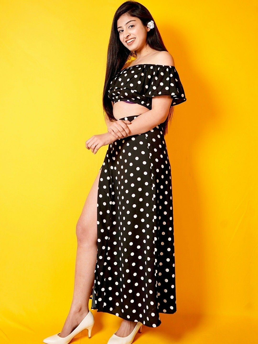 Berrylush Black & White Polka Dots Printed Two-Piece Dress