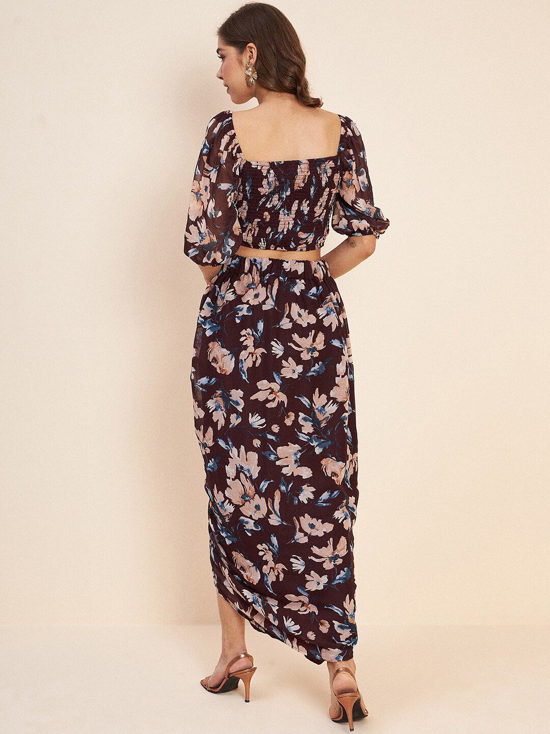 Antheaa Brown Rounched Floral Printed Square Neck Puff Sleeve Co-Ords