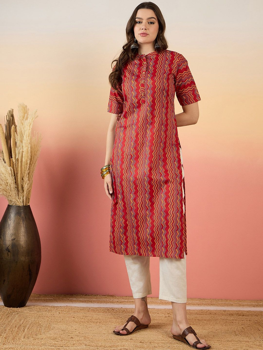 Anouk Red Chevron Printed Mandarin Collar Short Sleeves Cotton Kurta