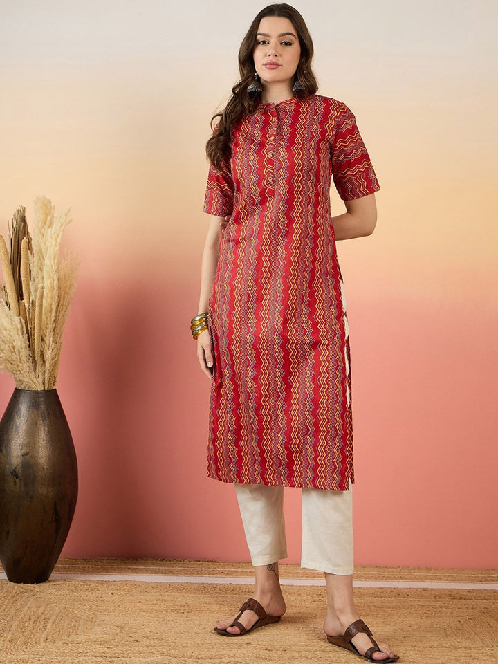 Anouk Red Chevron Printed Mandarin Collar Short Sleeves Cotton Kurta